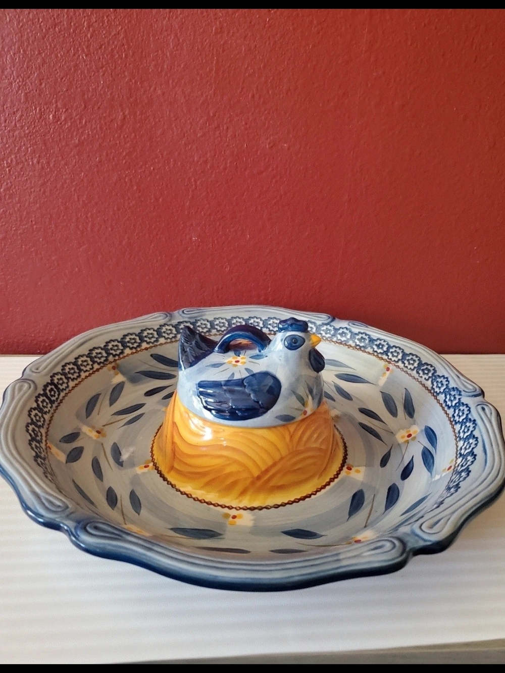Temp-Tations Blue & Yellow Hen-on-Nest Ceramic Serving Bowl Chip And Dip.